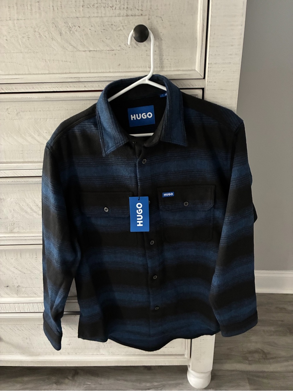 HUGO Black and Blue Striped Long-Sleeve Button Down Shirt